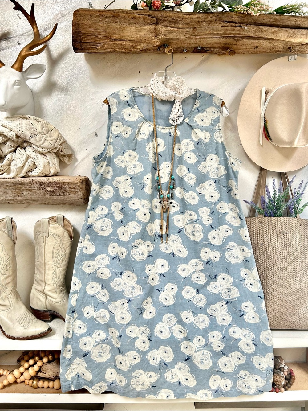 Cottagecore Linen Light Blue Floral boho Dress w resort vacay shabby chic vibe